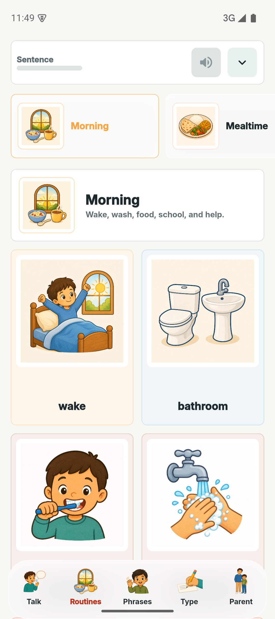 Kalaam’s Routines screen groups picture cards around everyday activities.