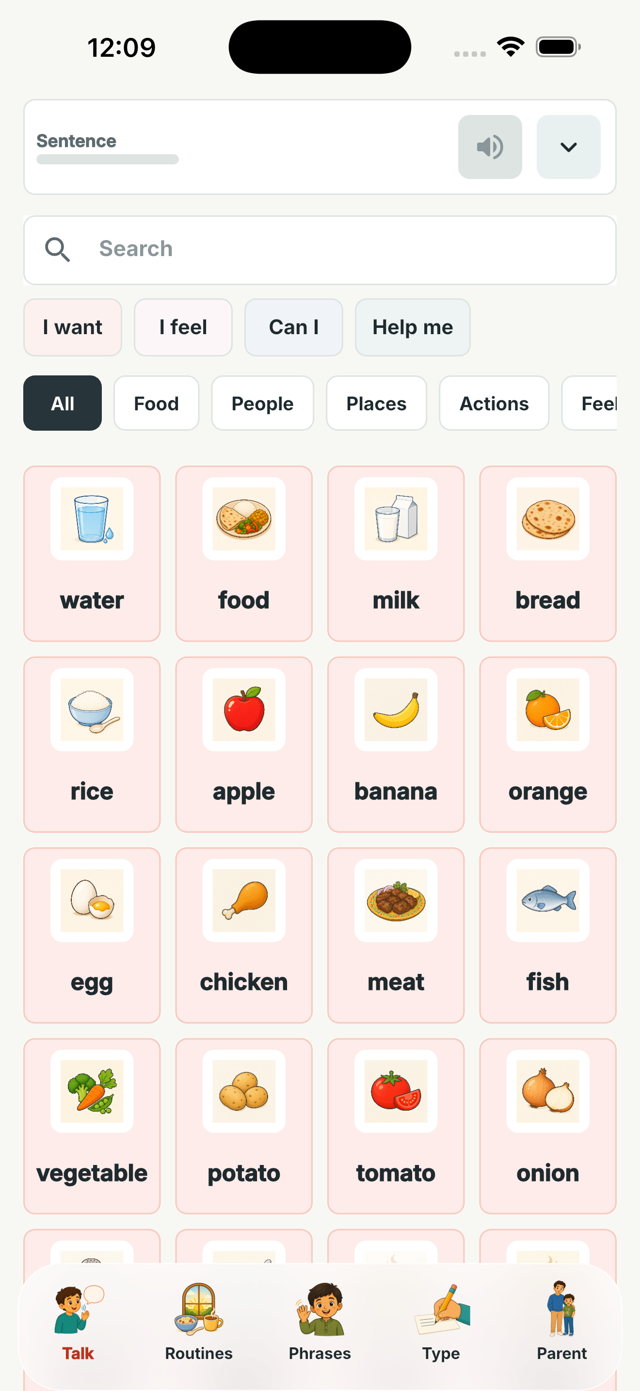 Kalaam’s Talk screen showing illustrated vocabulary cards, sentence controls, and navigation for Talk, Routines, Phrases, Type, and Parent.